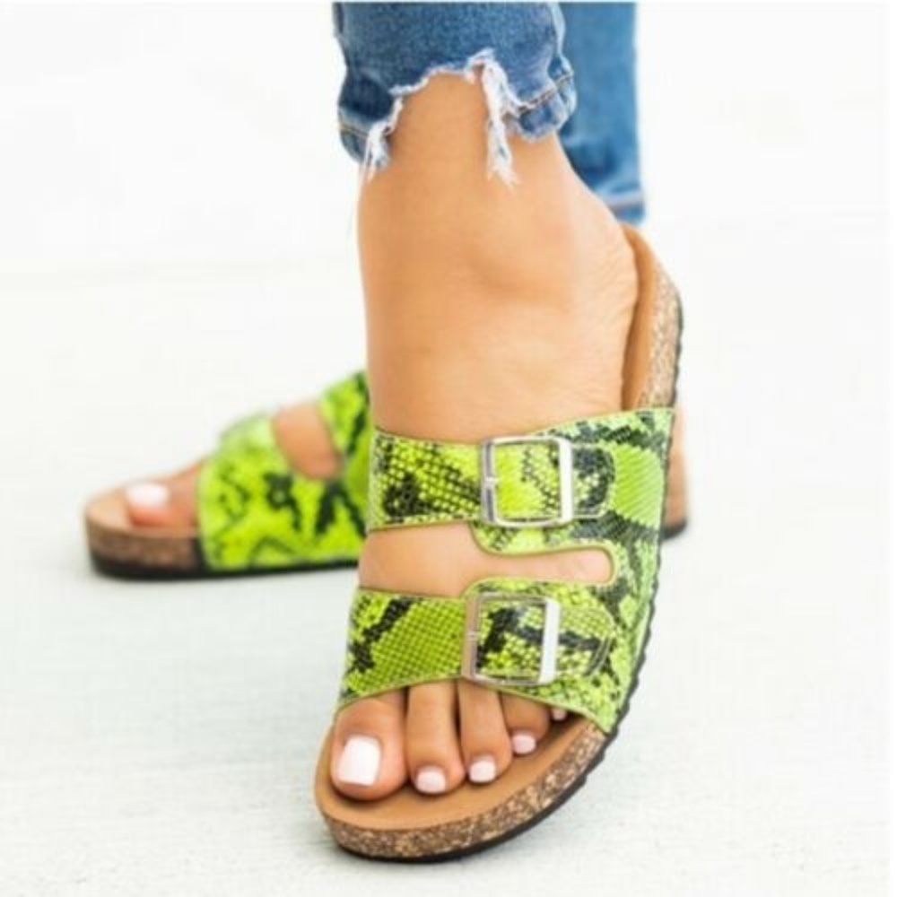 Phython Print Neon Green Sandals Cork Bottom 11